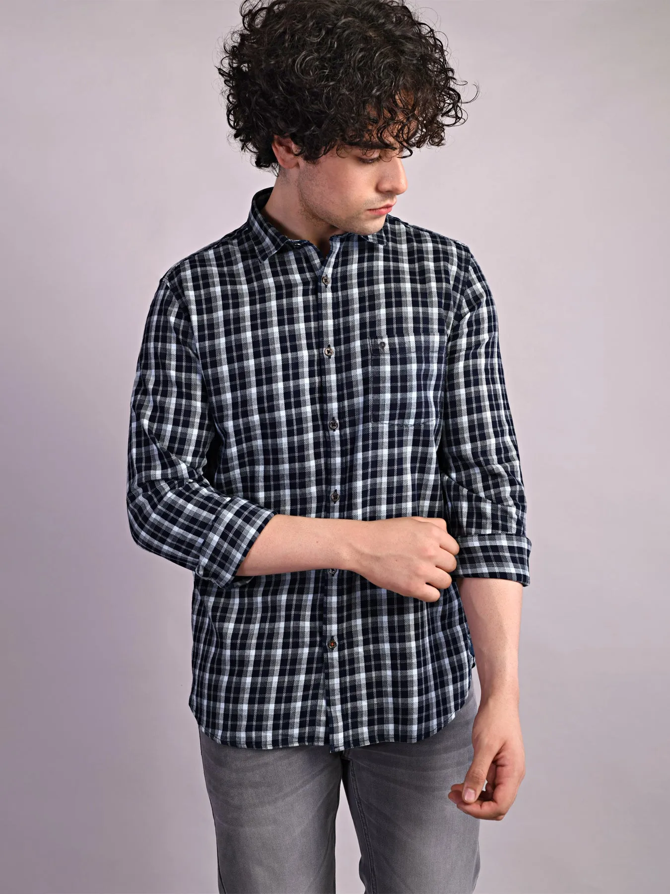 100% Cotton Indigo Navy Checkered Slim Fit Full Sleeve Casual Shirt