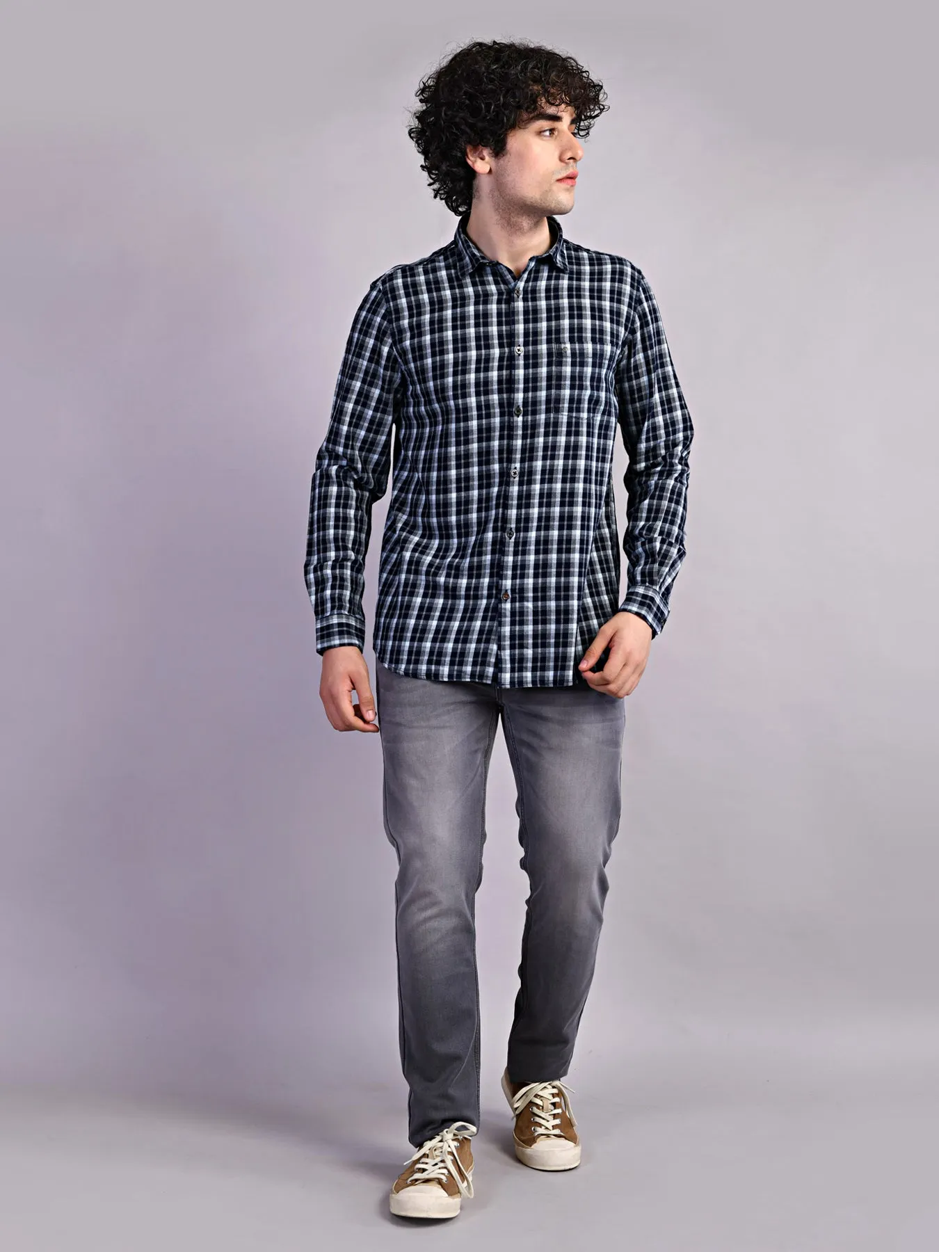 100% Cotton Indigo Navy Checkered Slim Fit Full Sleeve Casual Shirt