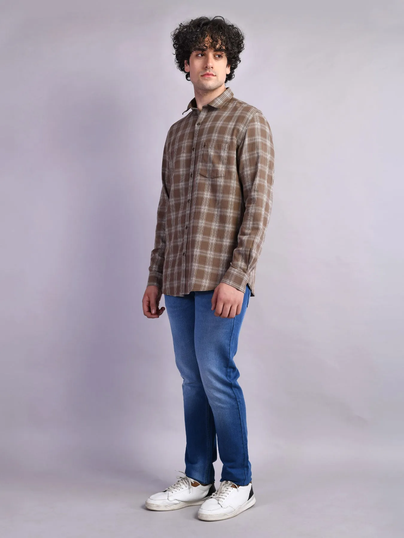 100% Cotton Khaki Checkered Slim Fit Full Sleeve Casual Shirt