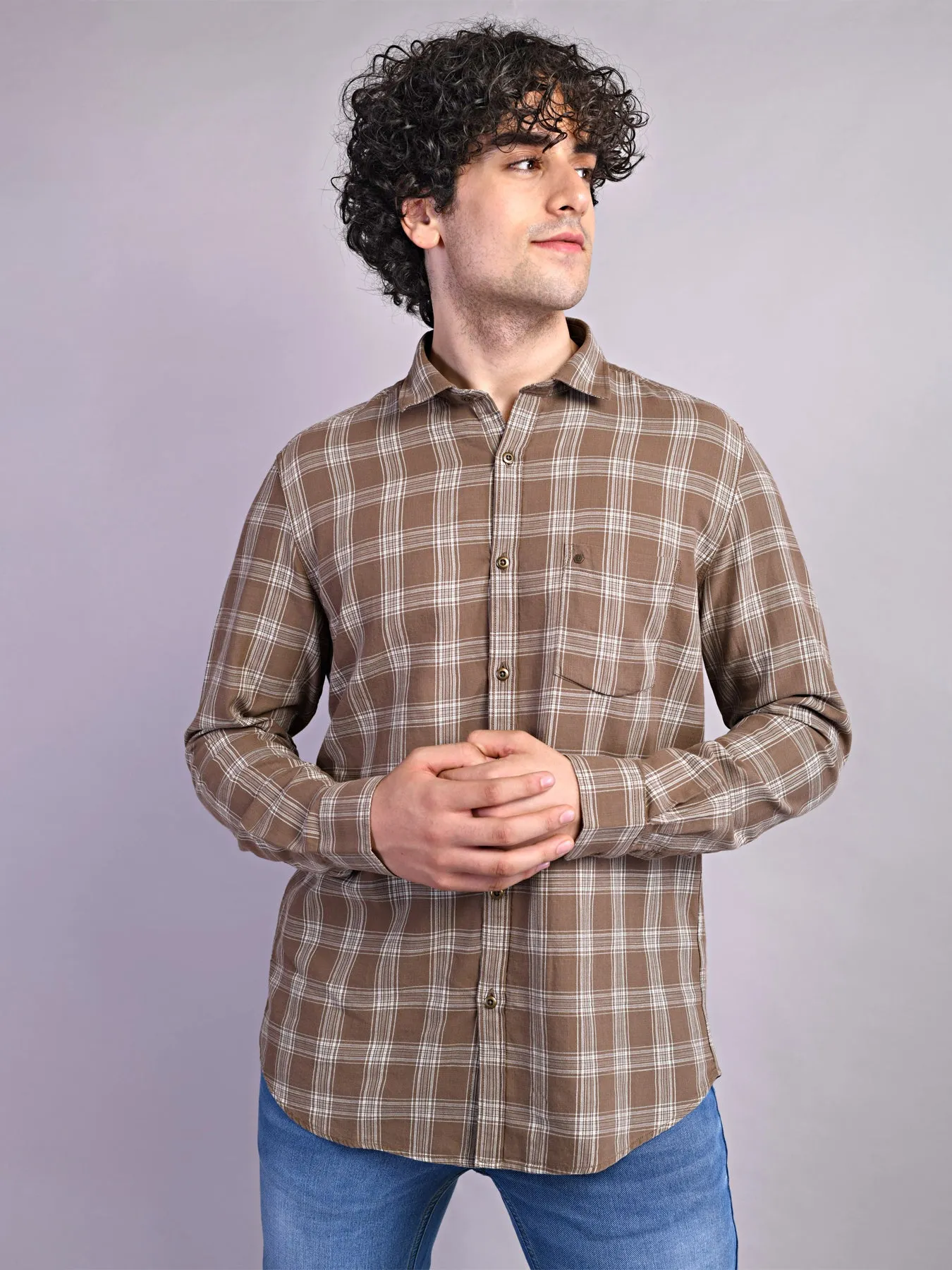 100% Cotton Khaki Checkered Slim Fit Full Sleeve Casual Shirt