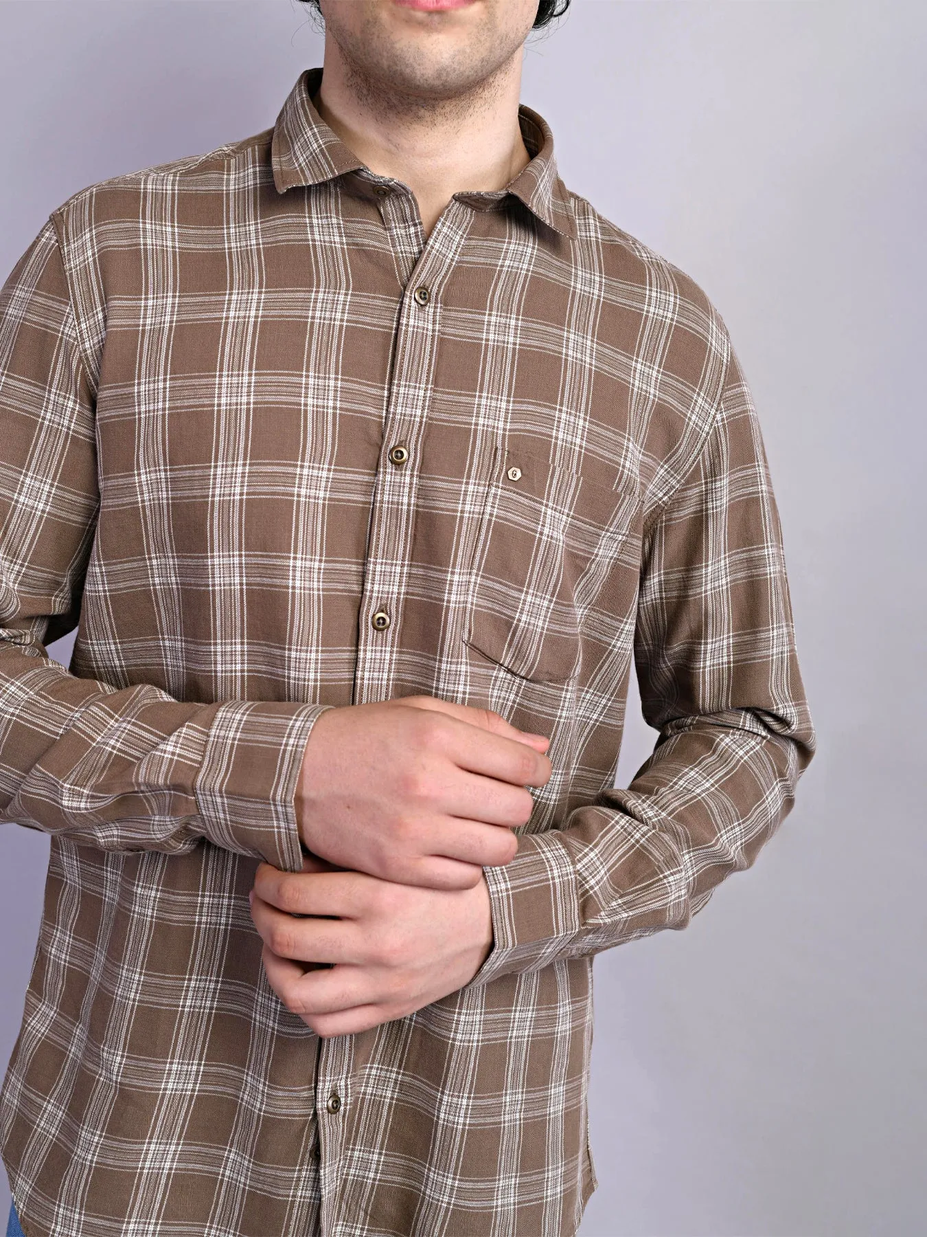 100% Cotton Khaki Checkered Slim Fit Full Sleeve Casual Shirt