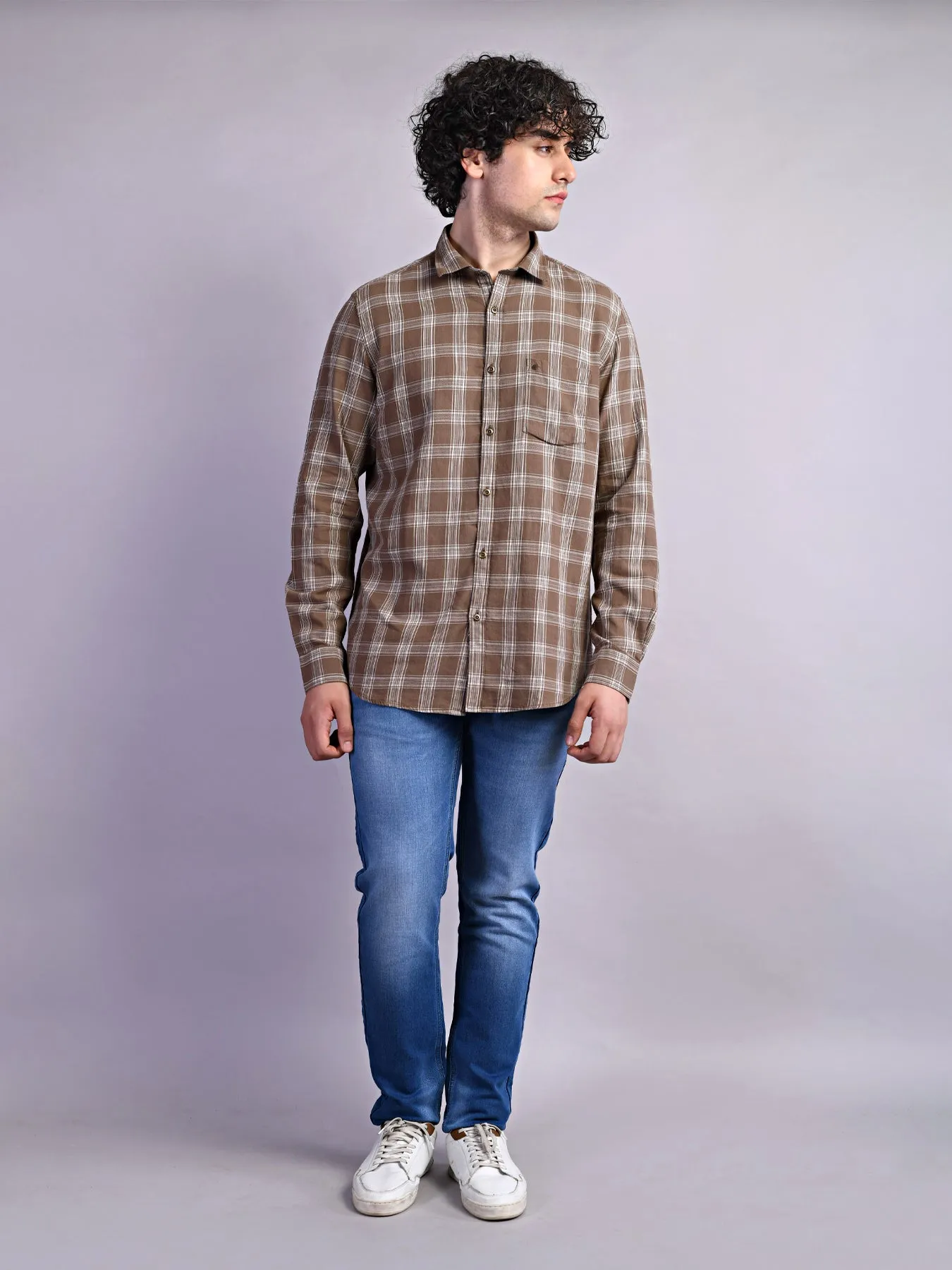 100% Cotton Khaki Checkered Slim Fit Full Sleeve Casual Shirt