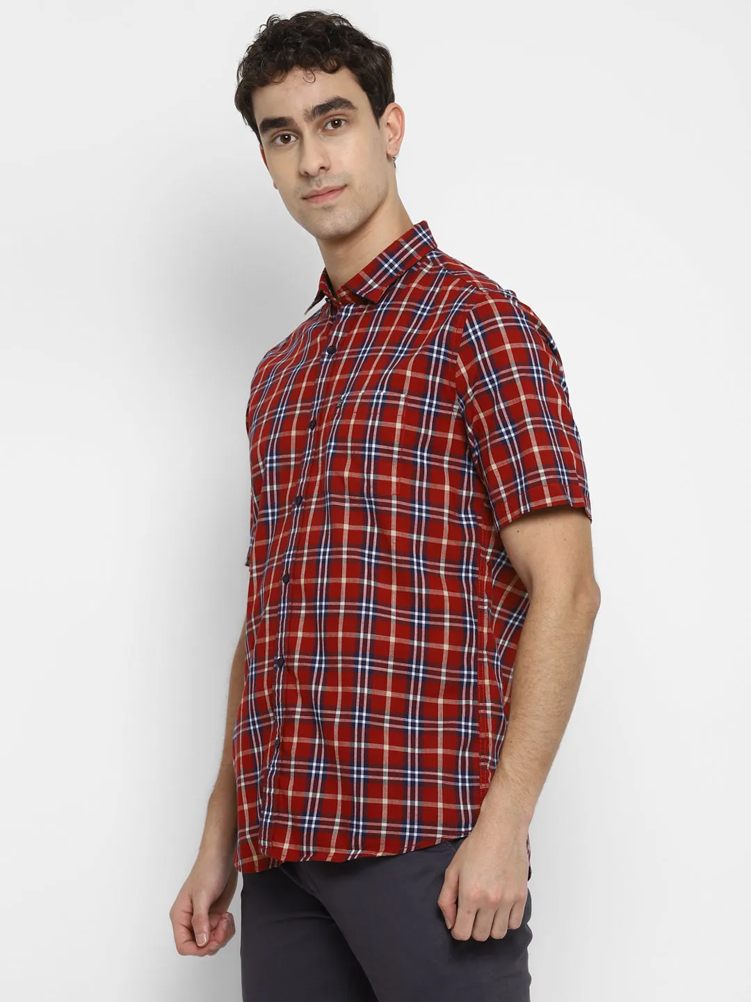 100% Cotton Maroon Checkered Slim Fit Half Sleeve Casual Shirt