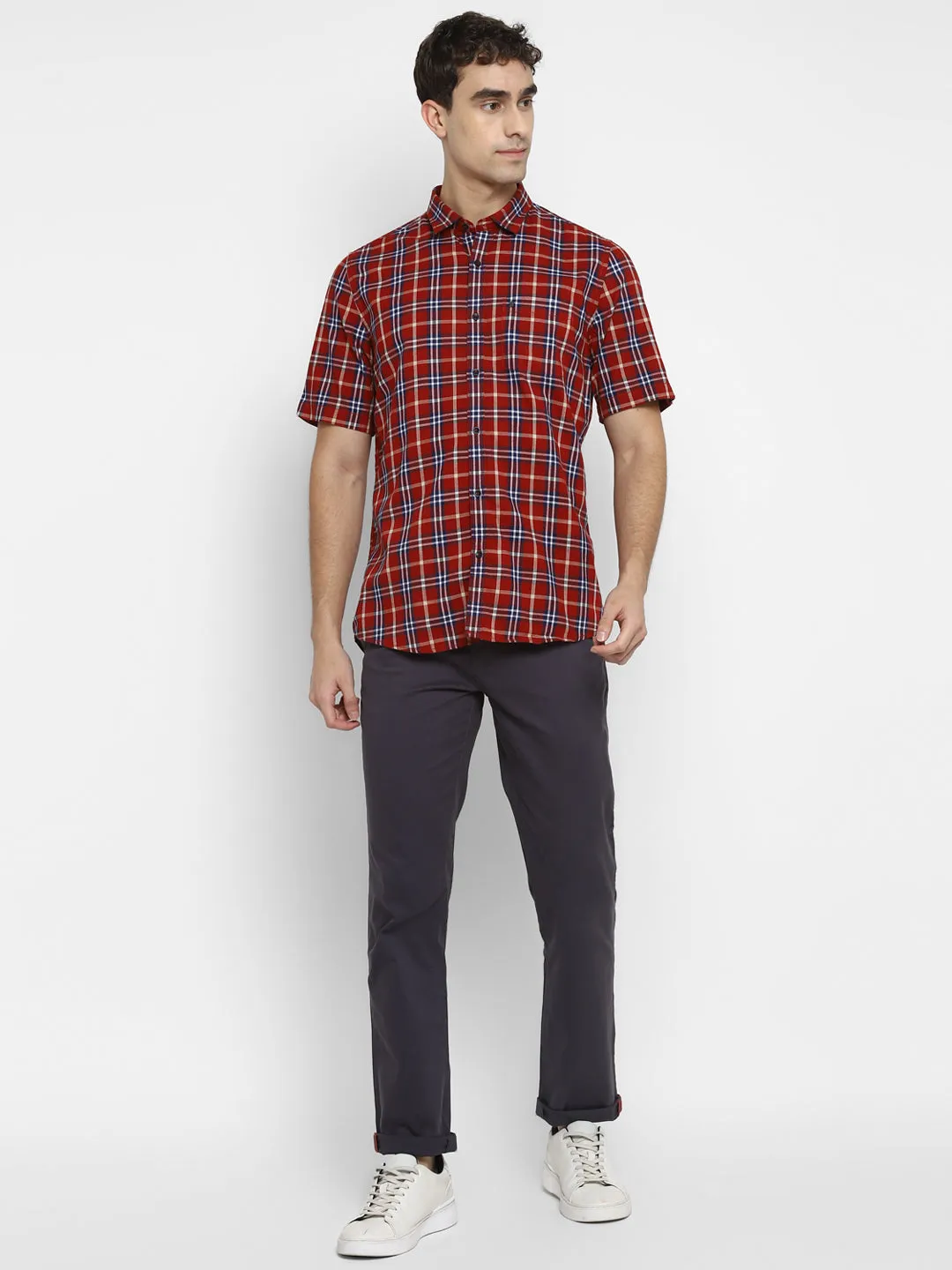 100% Cotton Maroon Checkered Slim Fit Half Sleeve Casual Shirt