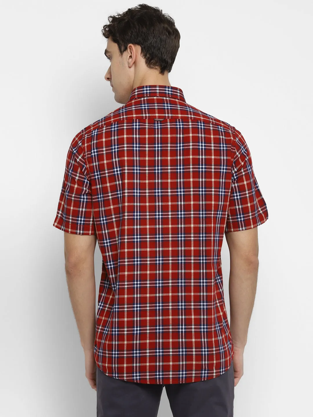 100% Cotton Maroon Checkered Slim Fit Half Sleeve Casual Shirt