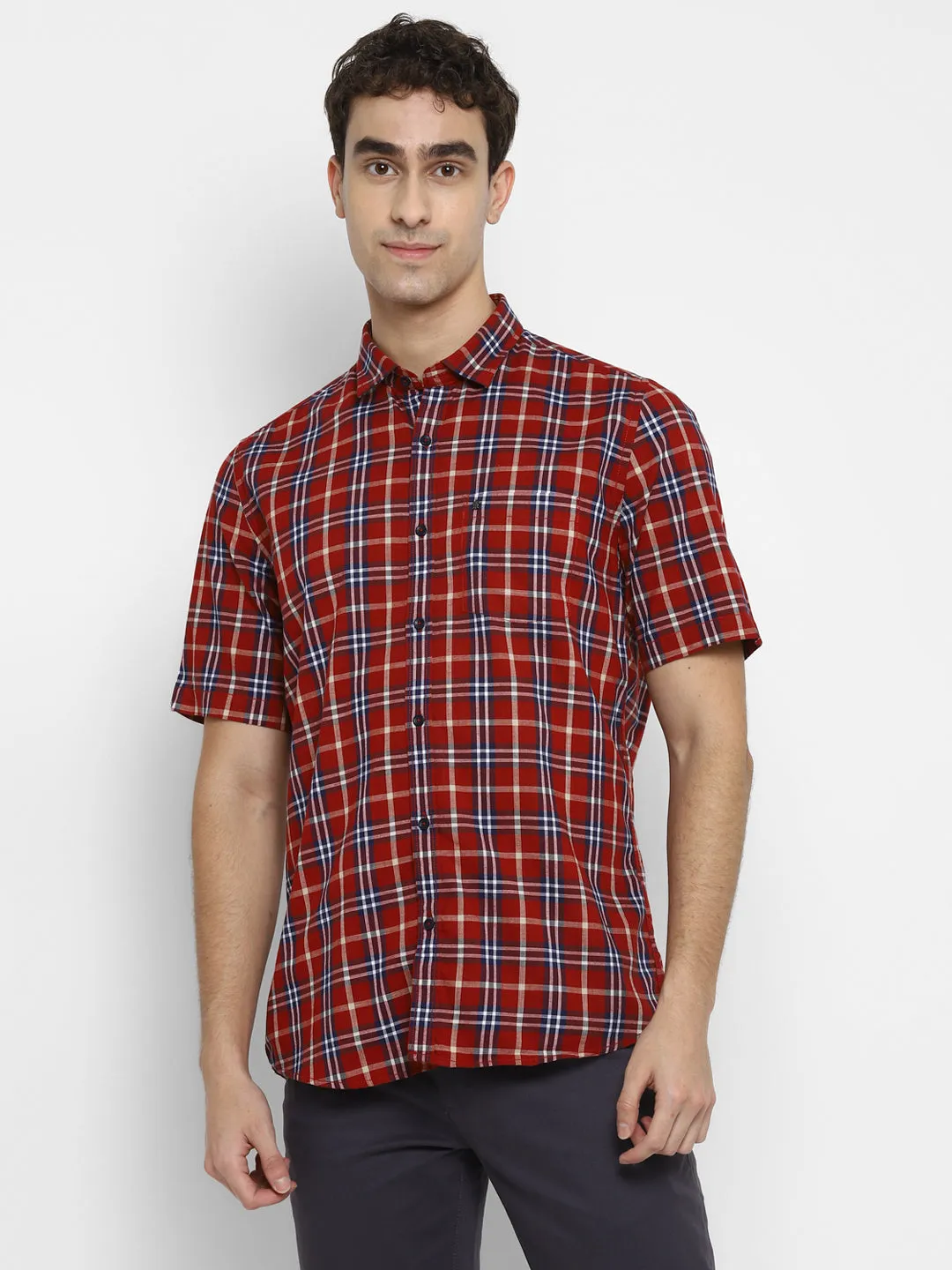 100% Cotton Maroon Checkered Slim Fit Half Sleeve Casual Shirt