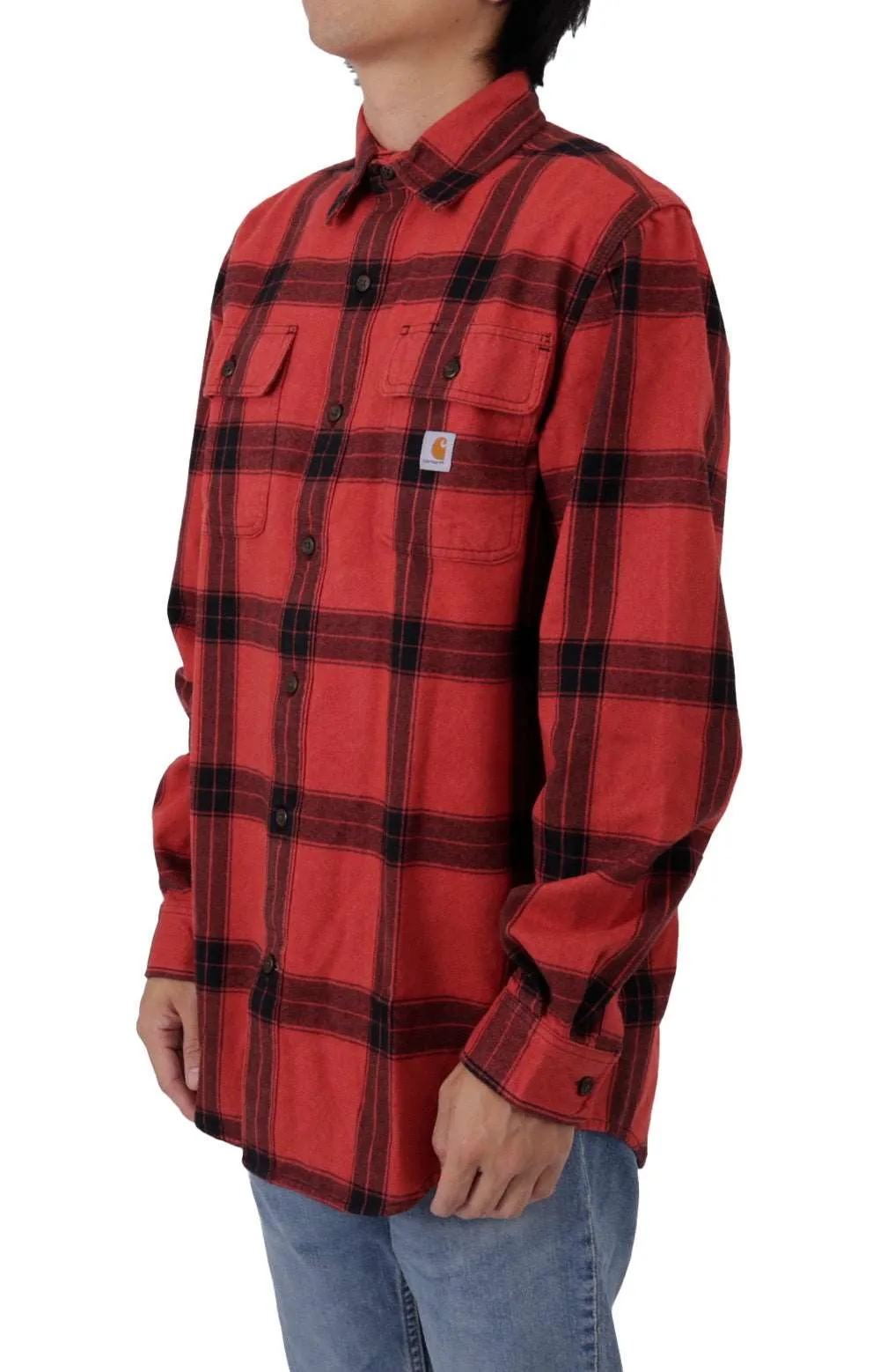 (105439) Loose Fit HW Flannel Long Sleeve Plaid Shirt - Chili Pepper