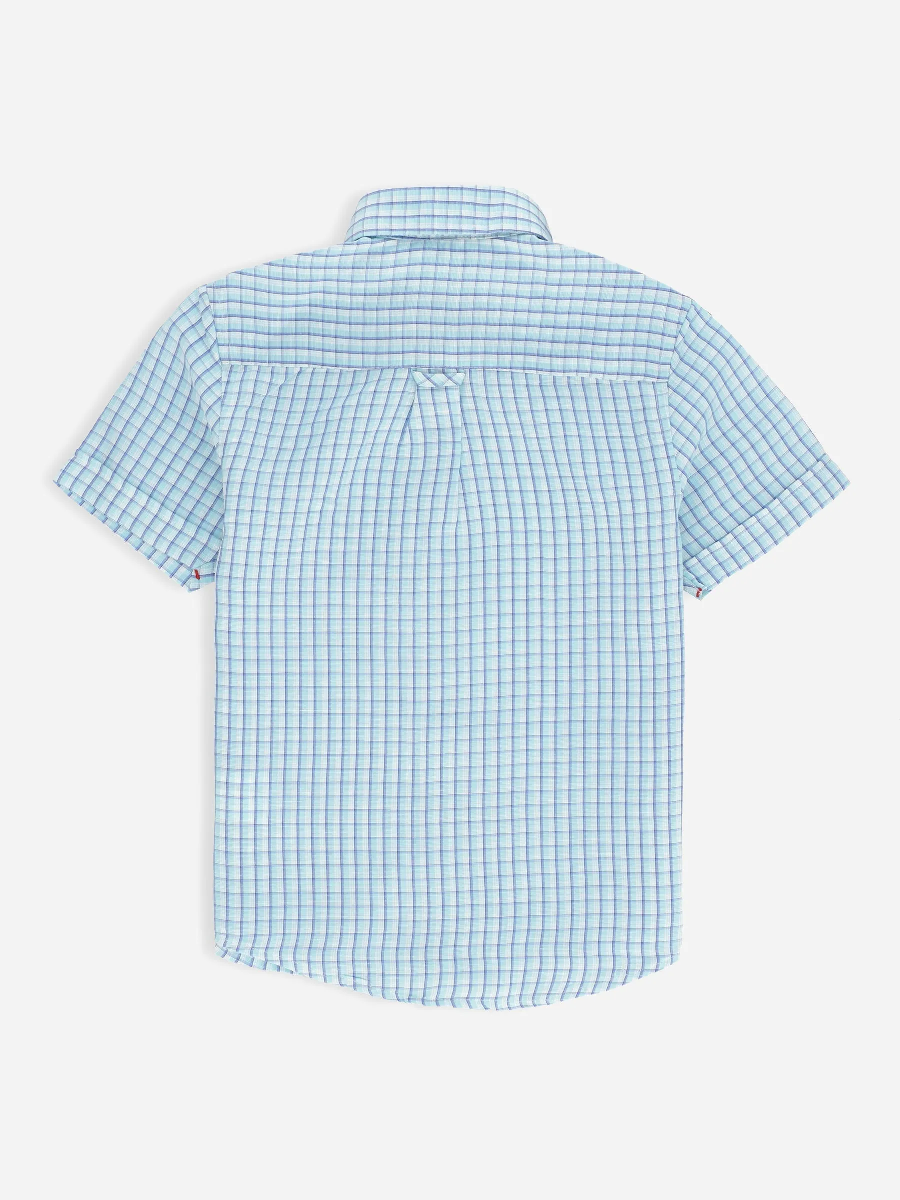 Aqua Blue Cotton/Linen Checkered Half Sleeve Casual Shirt