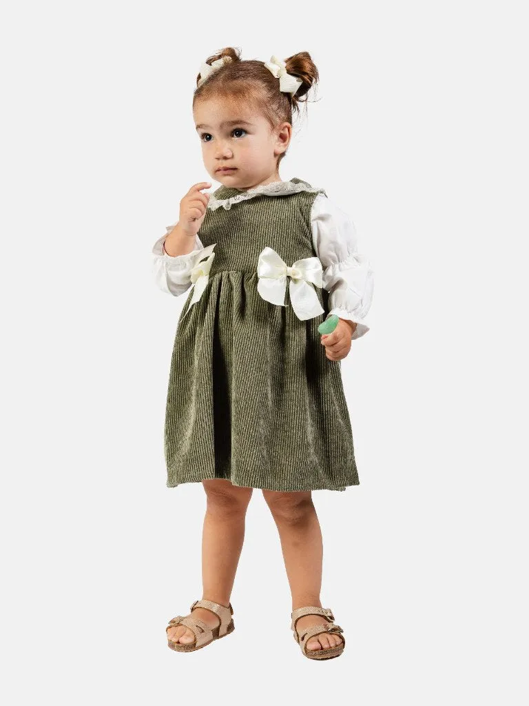 Baby Girl Marta Collection 2 Piece Spanish Velvet Dress Set with Shirt - Olive Green