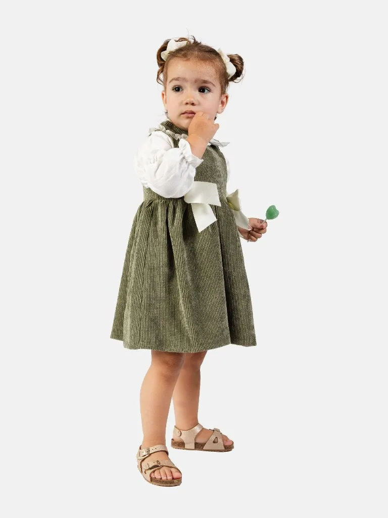 Baby Girl Marta Collection 2 Piece Spanish Velvet Dress Set with Shirt - Olive Green