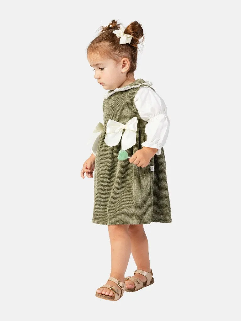 Baby Girl Marta Collection 2 Piece Spanish Velvet Dress Set with Shirt - Olive Green