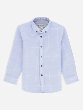 Blue Linen Checkered Long Sleeve Casual Shirt