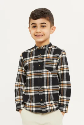 Boys Beige And Black Brushed Check Mandarin Shirt