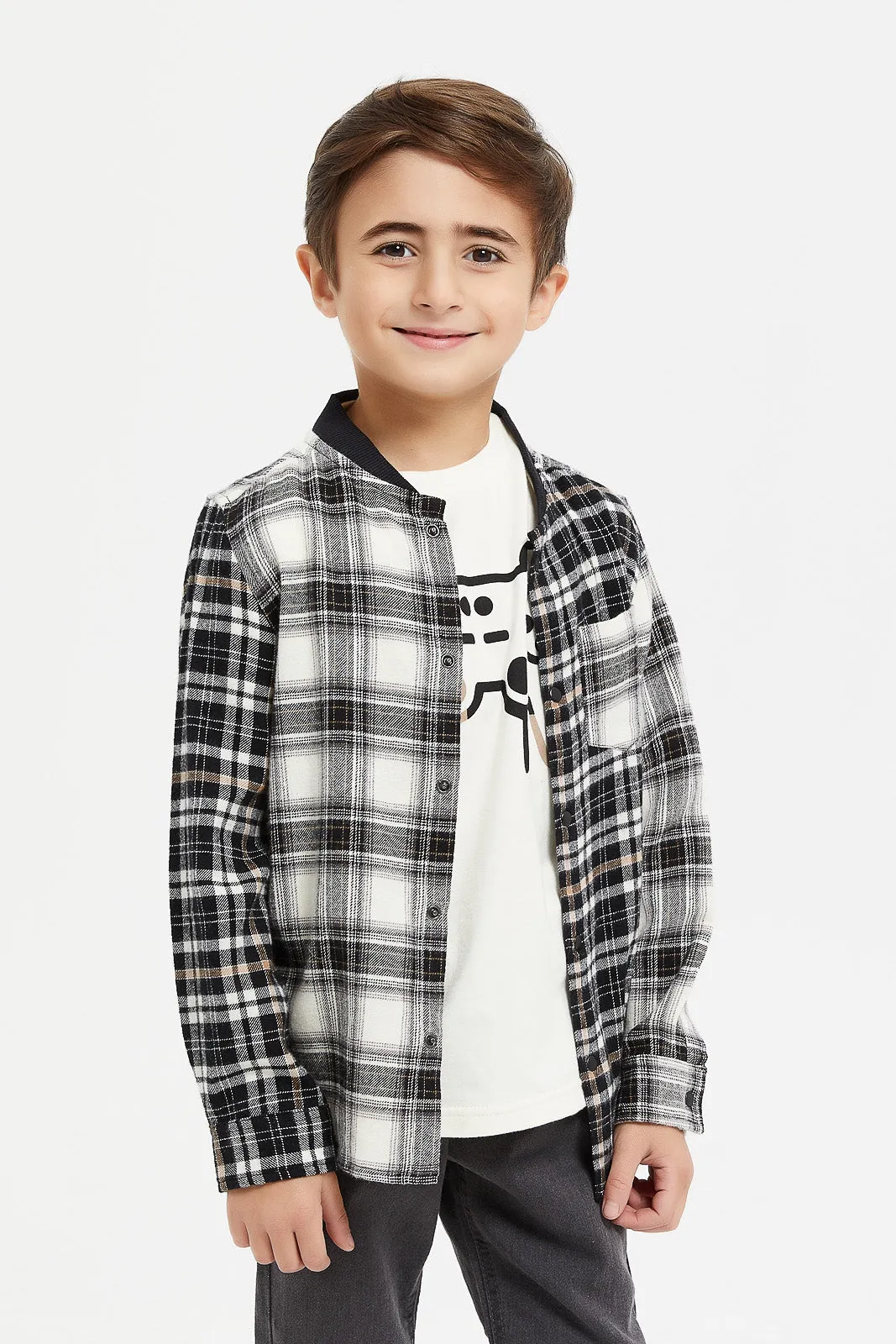 Boys Black Base Ball Flannel Shirt With T-Shirt (2 Piece)