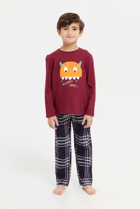 Boys Burgundy And Navy Monster Printed Pyjama Set (2 Piece)