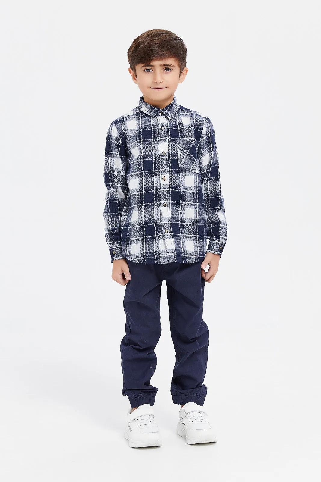 Boys Navy Brushed Checkered Shirt