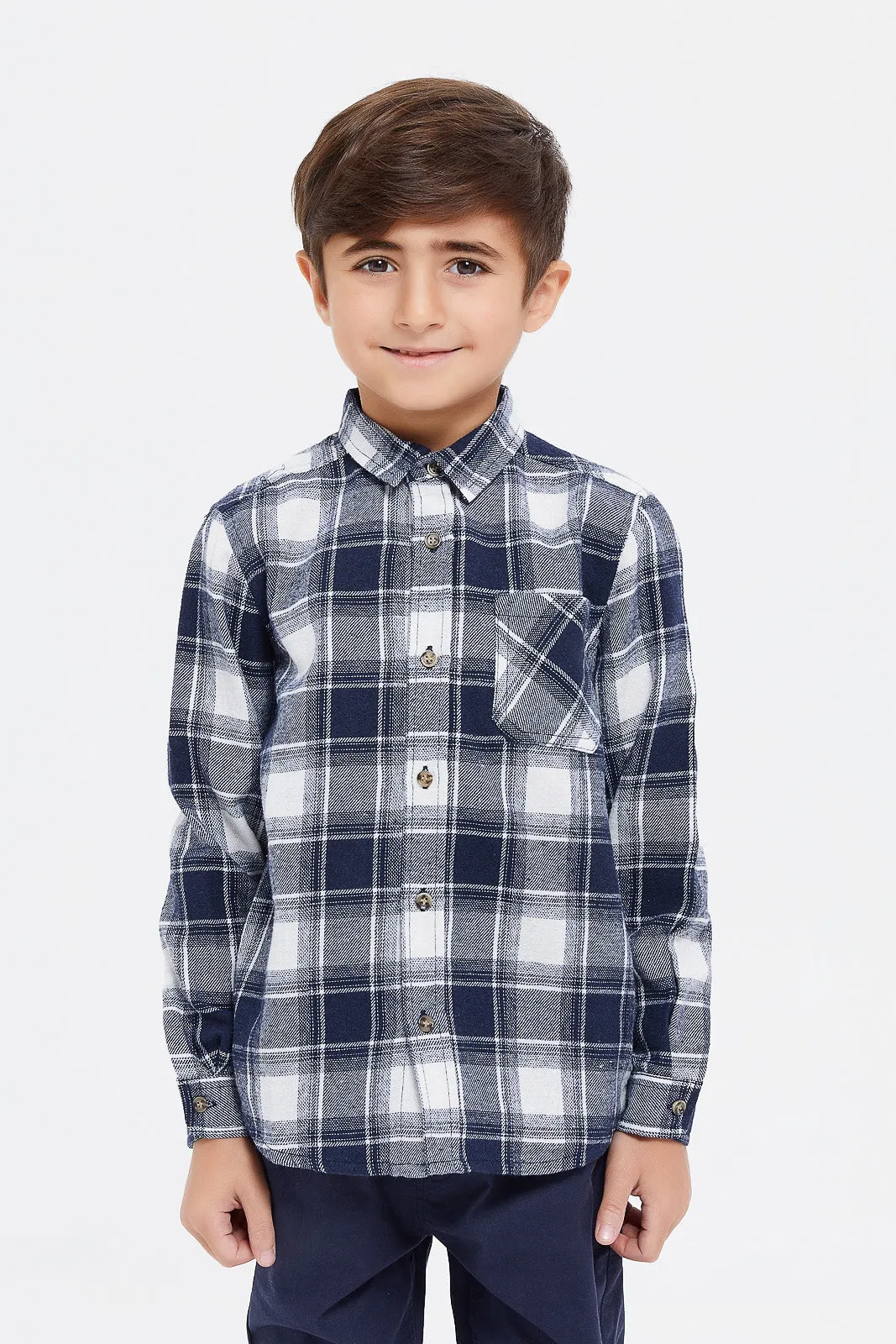 Boys Navy Brushed Checkered Shirt