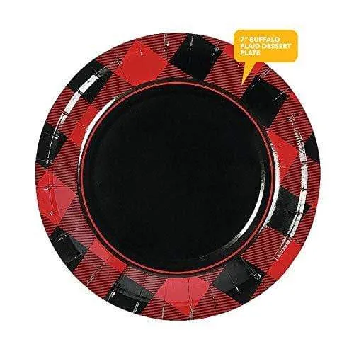 Buffalo Plaid Party Supplies - Paper Plates, Napkins, Fabric Tablerunner Set (Serves 16)