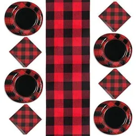 Buffalo Plaid Party Supplies - Paper Plates, Napkins, Fabric Tablerunner Set (Serves 16)