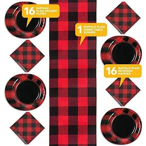 Buffalo Plaid Party Supplies - Paper Plates, Napkins, Fabric Tablerunner Set (Serves 16)