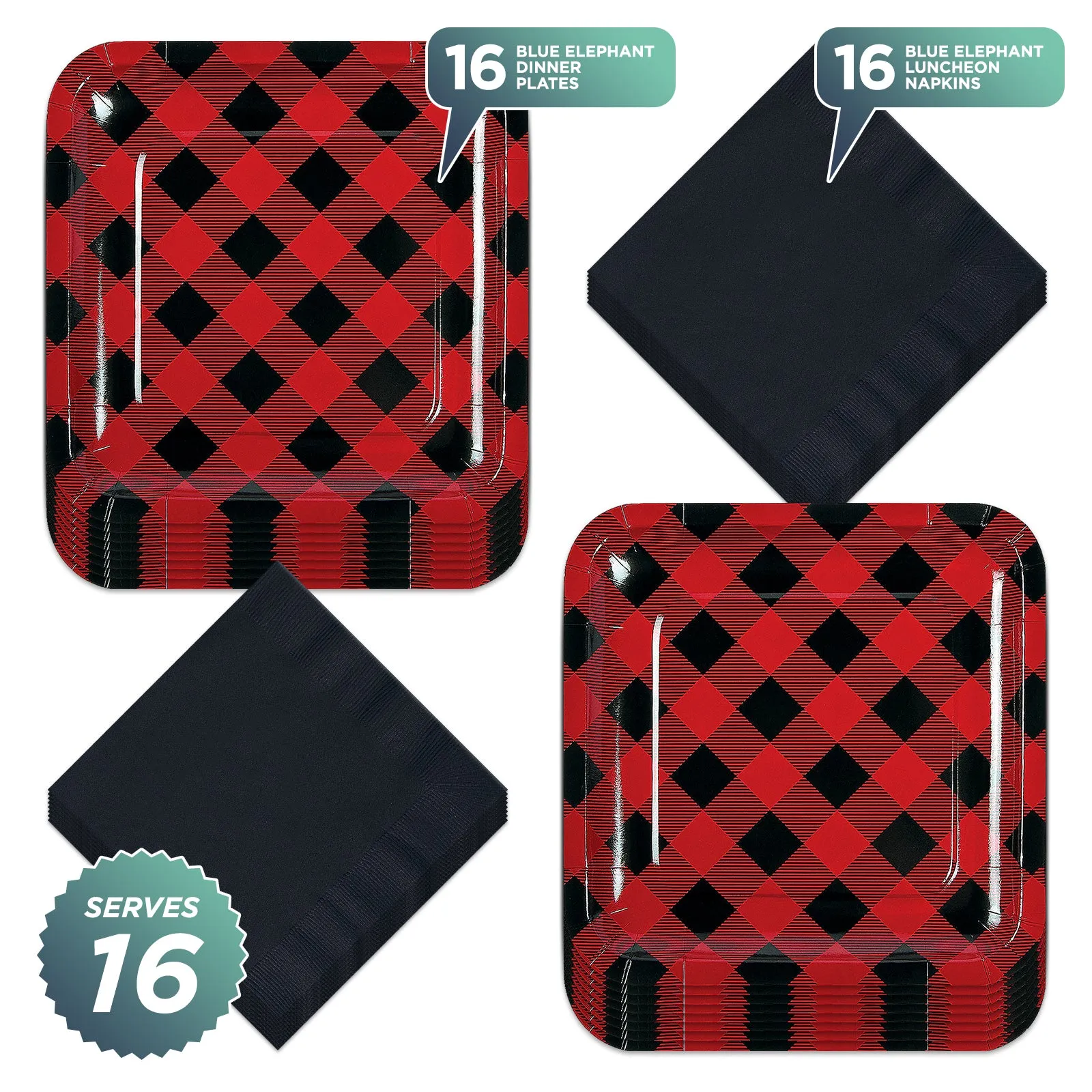 Buffalo Plaid Party Supplies - Red and Black Checkered Paper Dinner Plates and Luncheon Napkins (Serves 16)