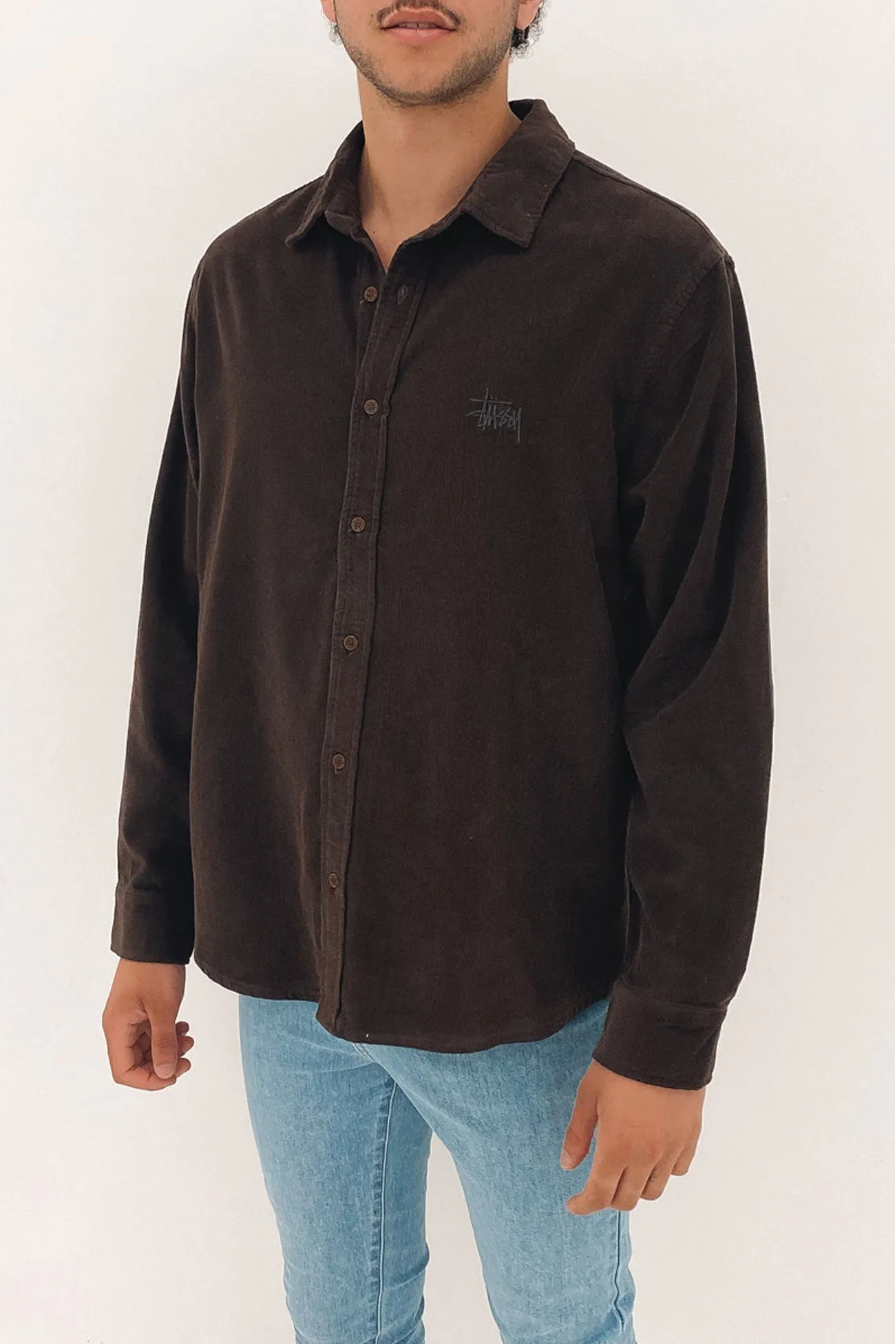 Button Up Cord Long Sleeve Shirt Brown