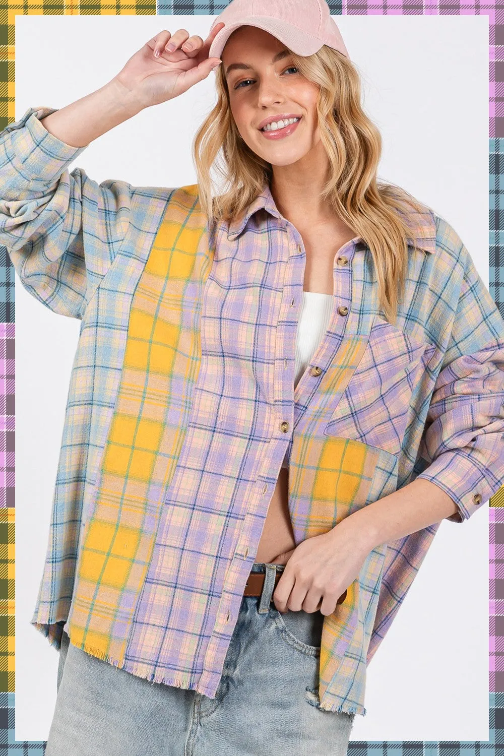 Button Up Raw Hem  Plaid Flannel Shirt