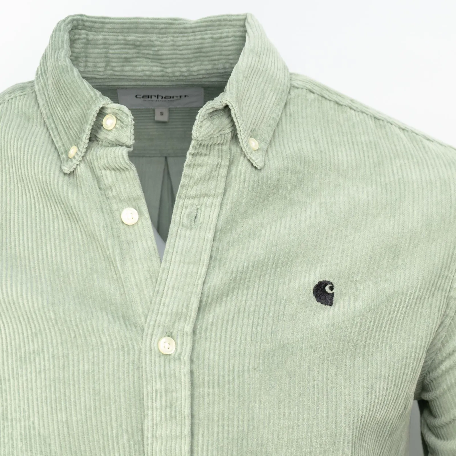 CARHARTT WIP Madison Light Green Button-Down Collar Logo-Embroidered Cotton-Corduroy Shirt