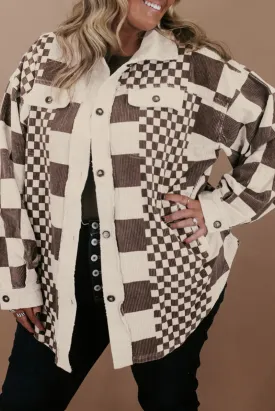 Checkered Brown Corduroy Plus Size Shacket