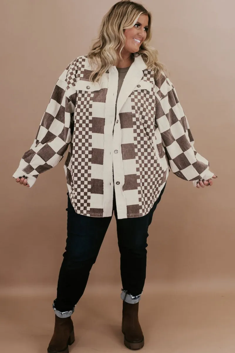 Checkered Brown Corduroy Plus Size Shacket