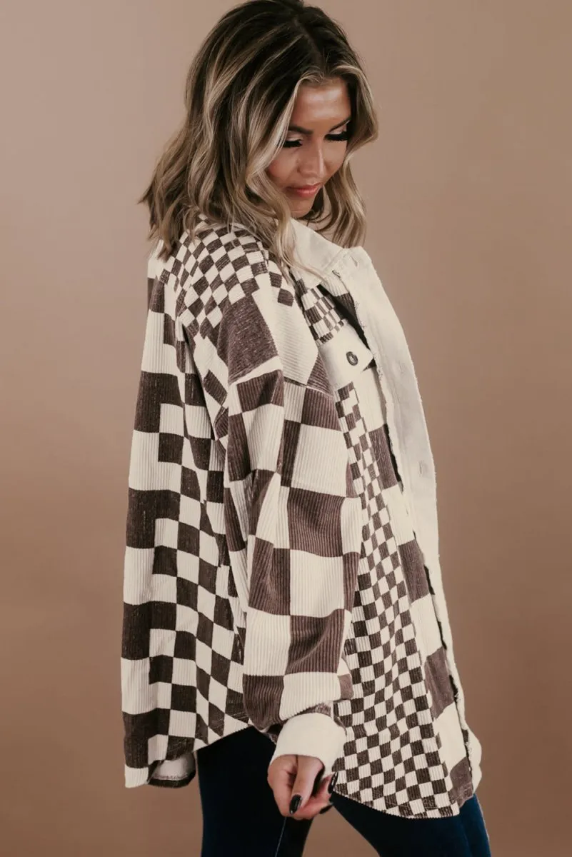 Checkered Brown Corduroy Plus Size Shacket