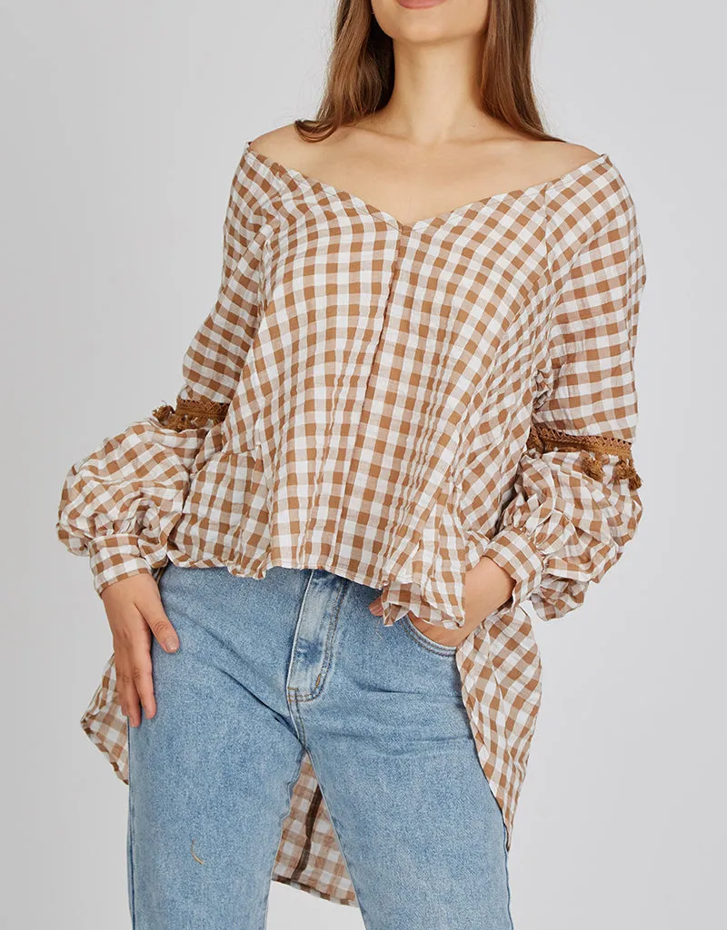 Checkered Puff Sleeve Crop Top