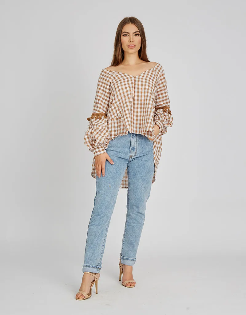 Checkered Puff Sleeve Crop Top