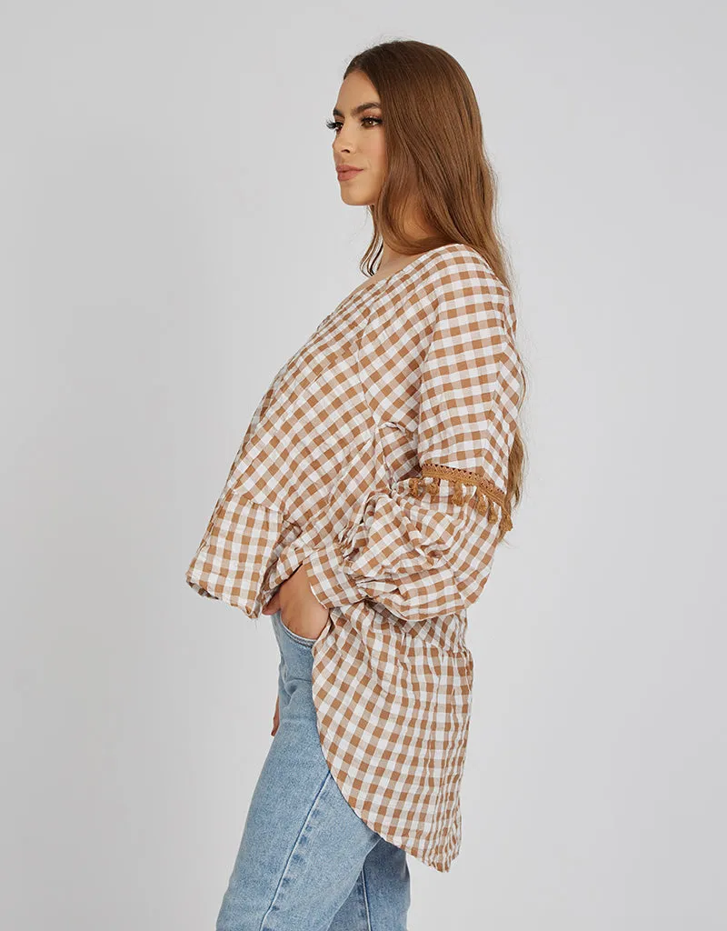 Checkered Puff Sleeve Crop Top