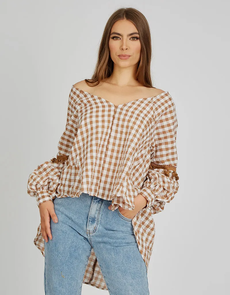 Checkered Puff Sleeve Crop Top