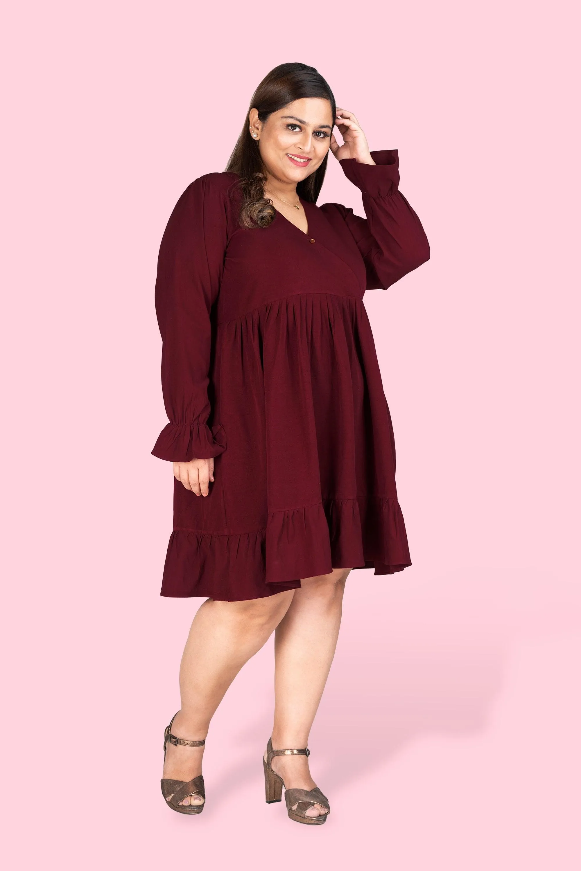 Curvy Lane Women Plus Size Wrap Styled Ruffle Sleeve Dress