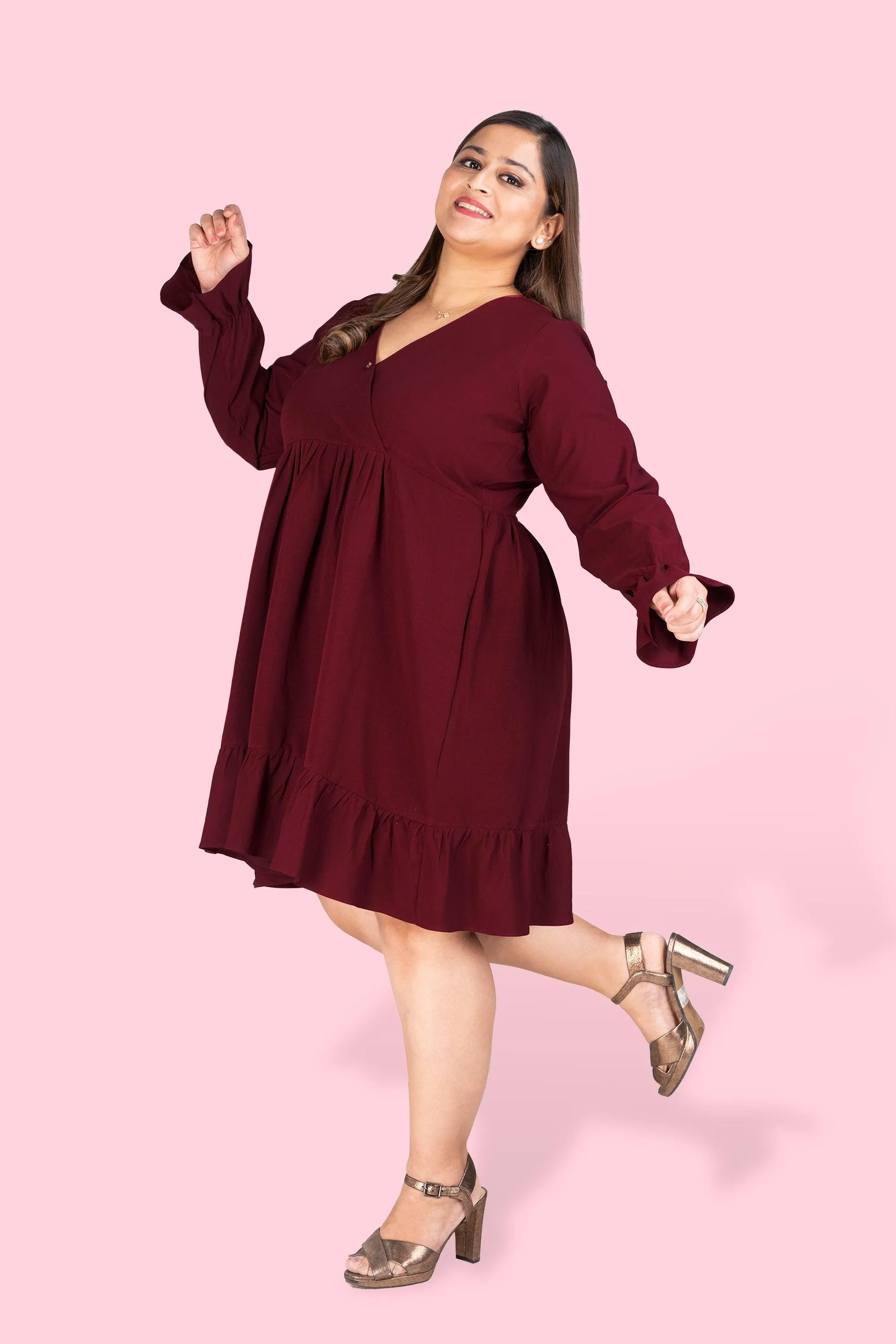 Curvy Lane Women Plus Size Wrap Styled Ruffle Sleeve Dress