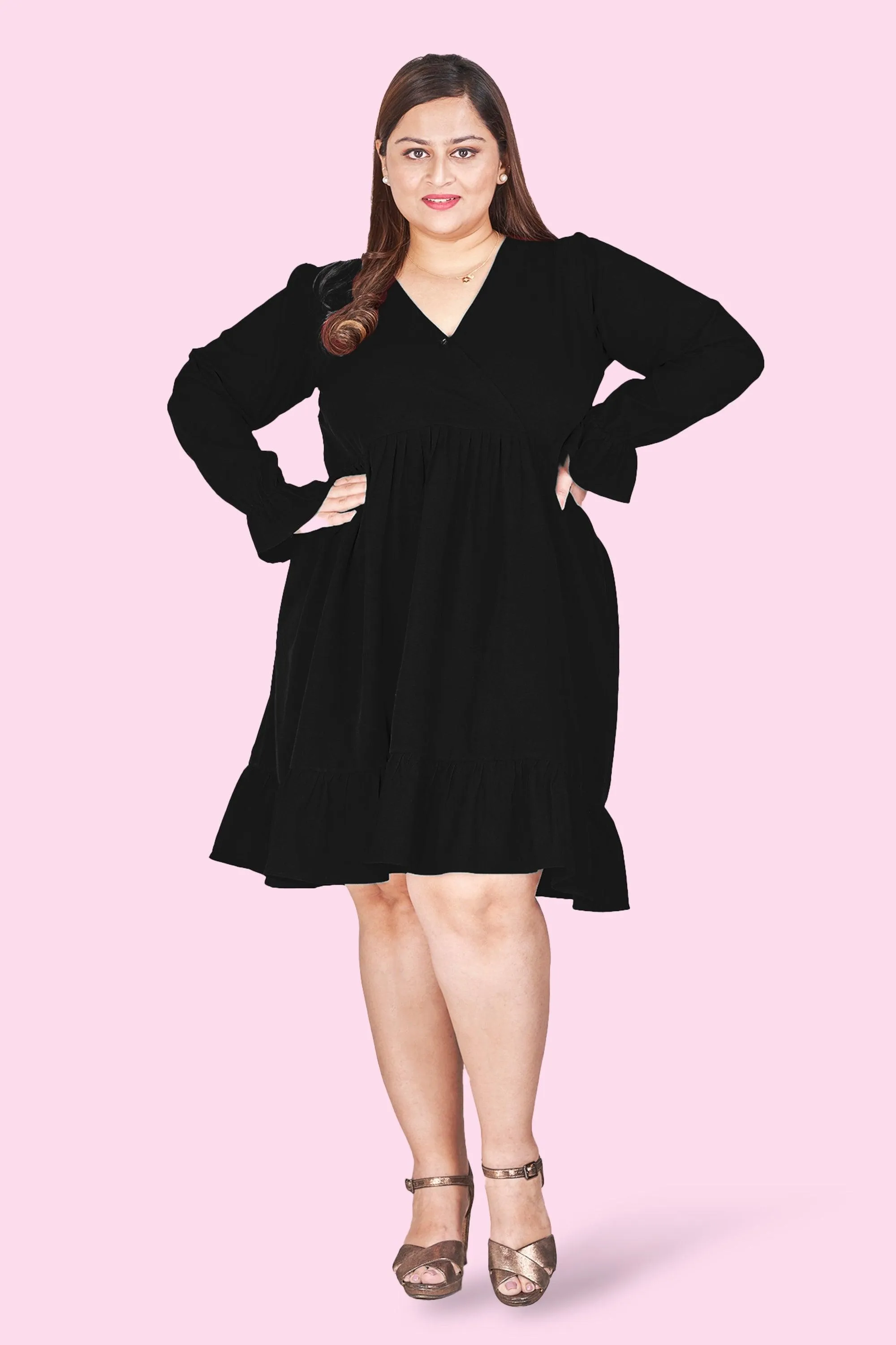 Curvy Lane Women Plus Size Wrap Styled Ruffle Sleeve Dress