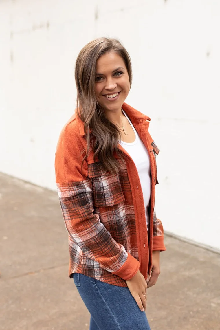 Dk Orange Brown Plaid Fleece & Flannel Shacket (SM-XL)