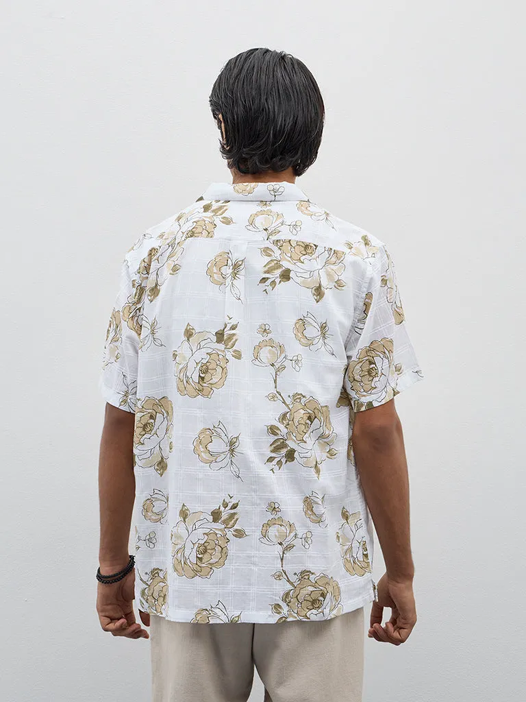 ETA White Floral Printed Relaxed-Fit Cotton Blend Shirt