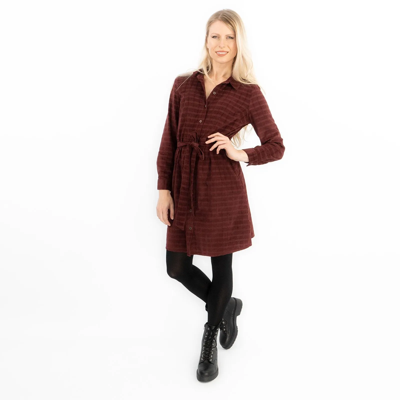 Fine Corduroy Red Wine Cord Long Sleeve Women's Shirt Dress