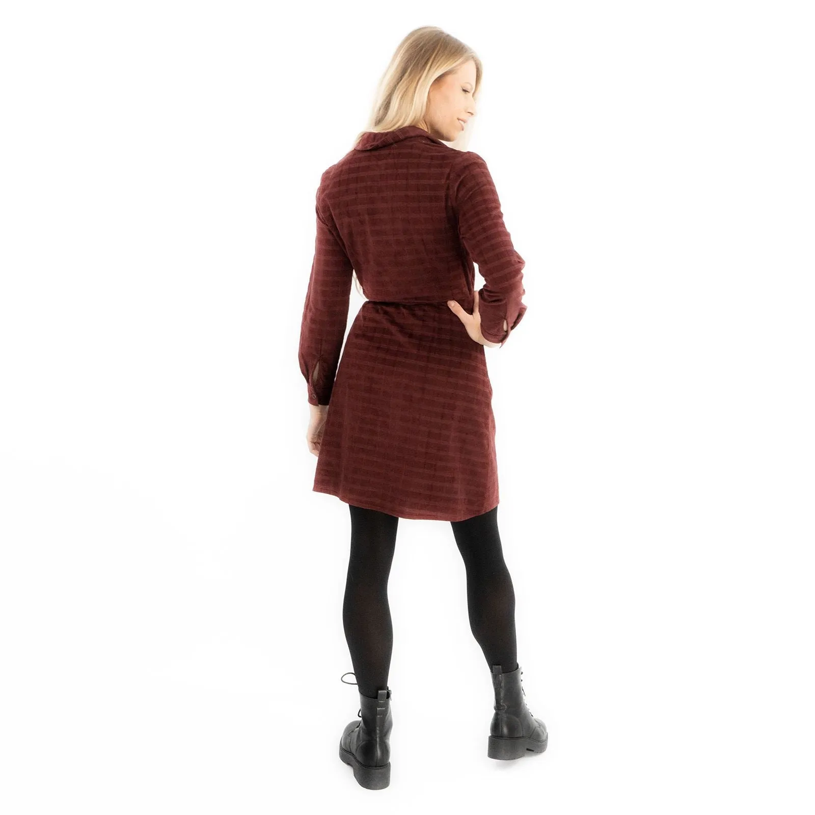 Fine Corduroy Red Wine Cord Long Sleeve Women's Shirt Dress