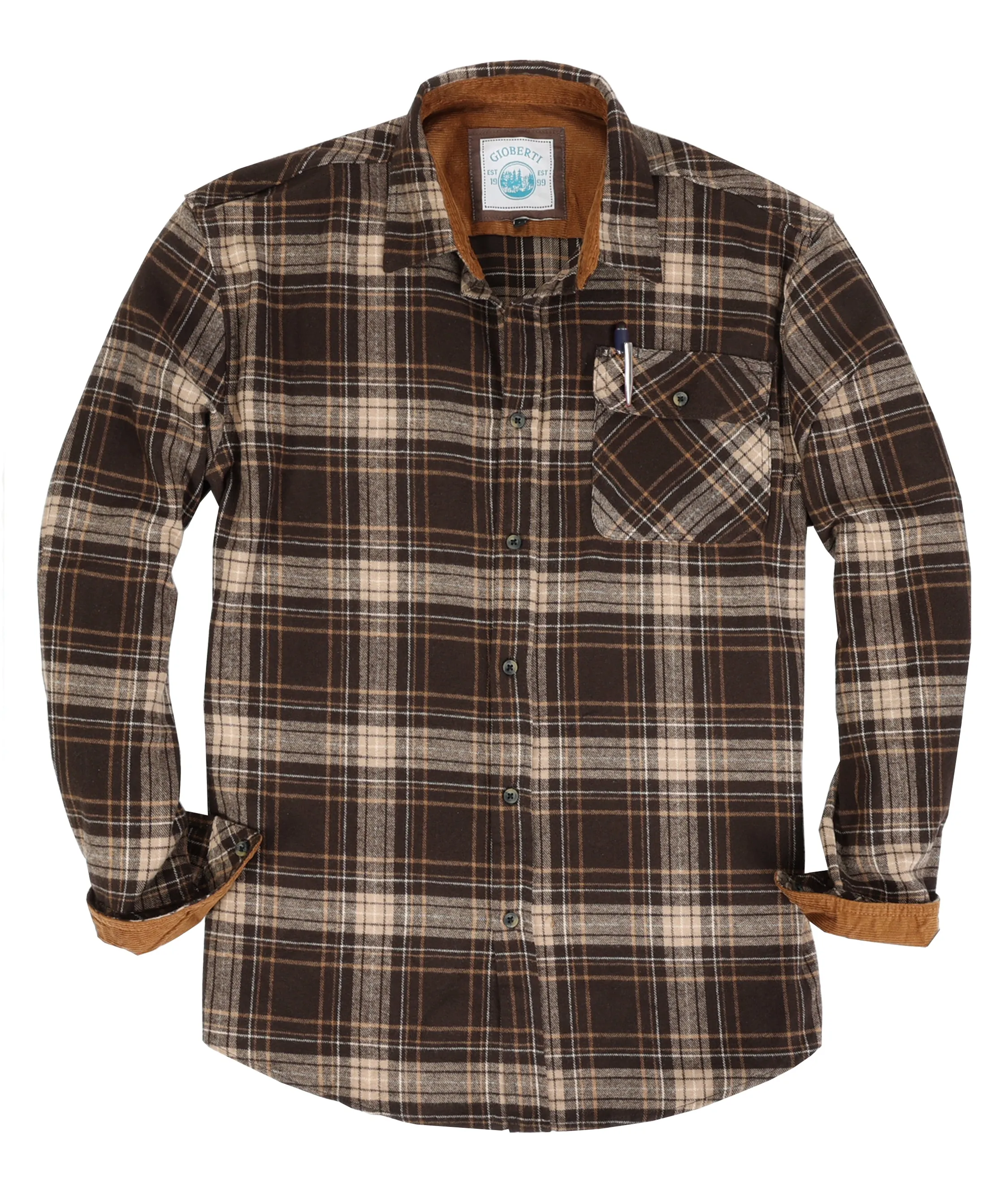 Gioberti Men's Brown / Khaki Highlight 100% Cotton Brushed Flannel Plaid Checkered Shirt with Corduroy Contrast