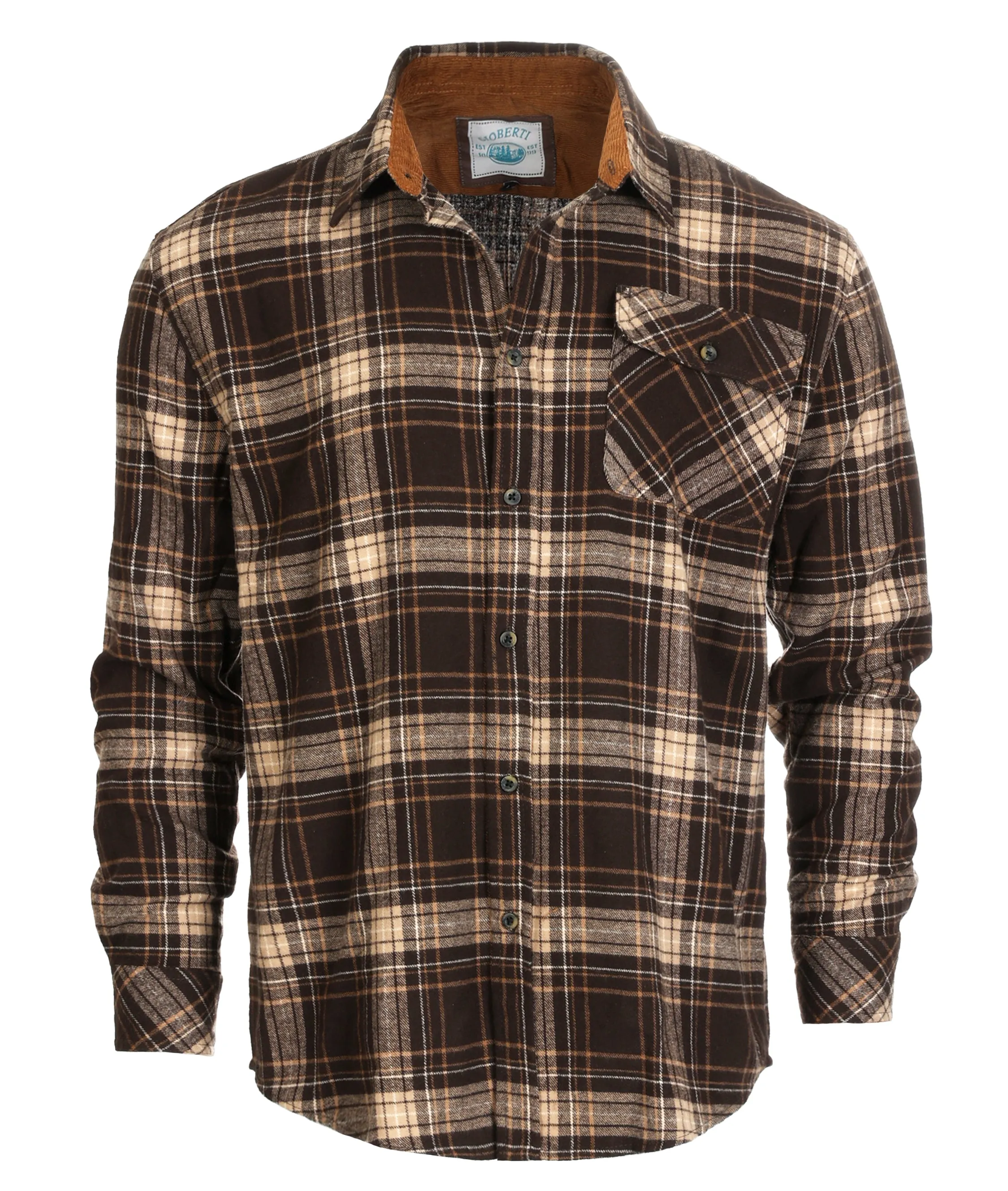 Gioberti Men's Brown / Khaki Highlight 100% Cotton Brushed Flannel Plaid Checkered Shirt with Corduroy Contrast