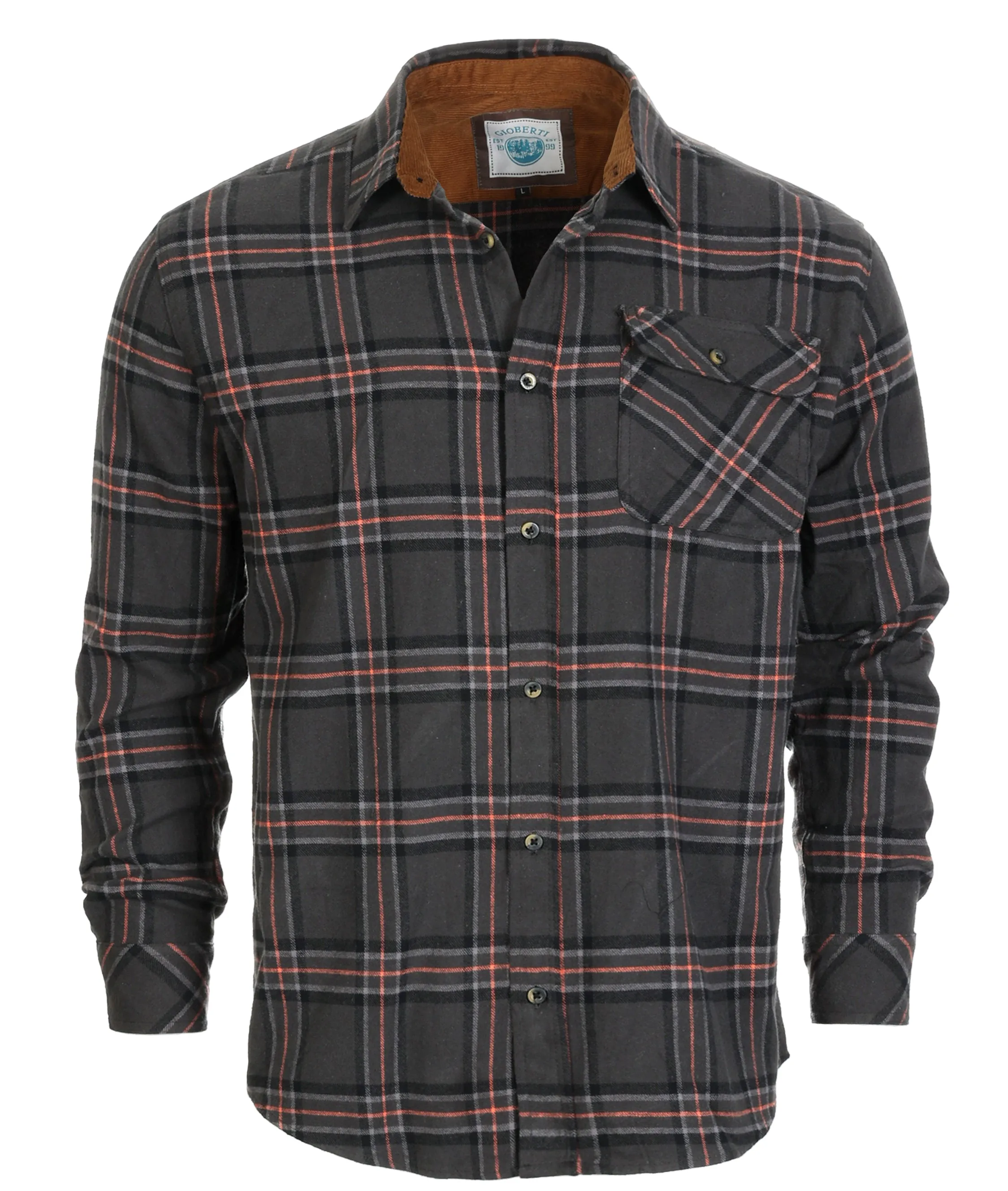 Gioberti Men's Charcoal / Gray / Coral Highlight 100% Cotton Brushed Flannel Plaid Checkered Shirt with Corduroy Contrast