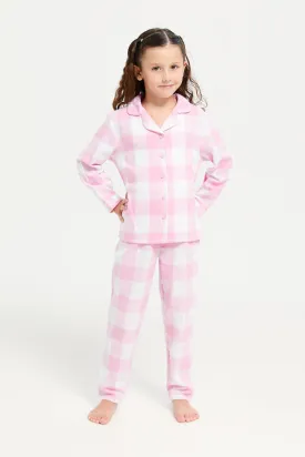 Girls Pink Checkered Pyjama Set (2 Piece)