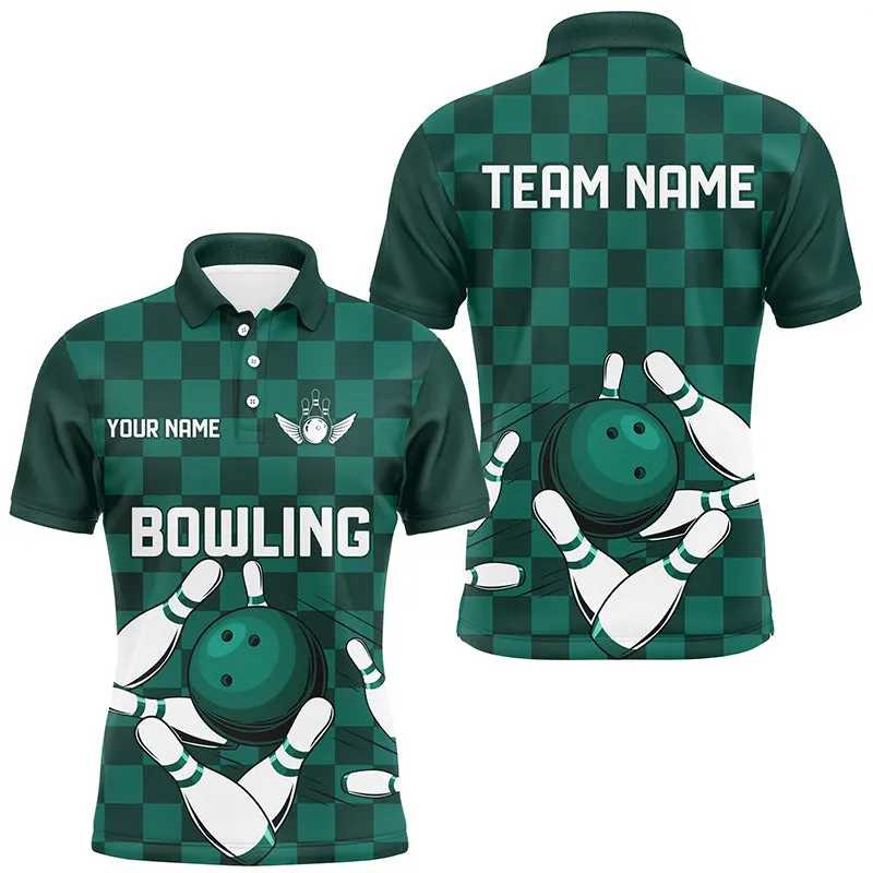 Green Checkered Men Bowling Polo, Quarter Zip Shirt Custom Team Bowling Jerseys, Mens Bowling Outfits