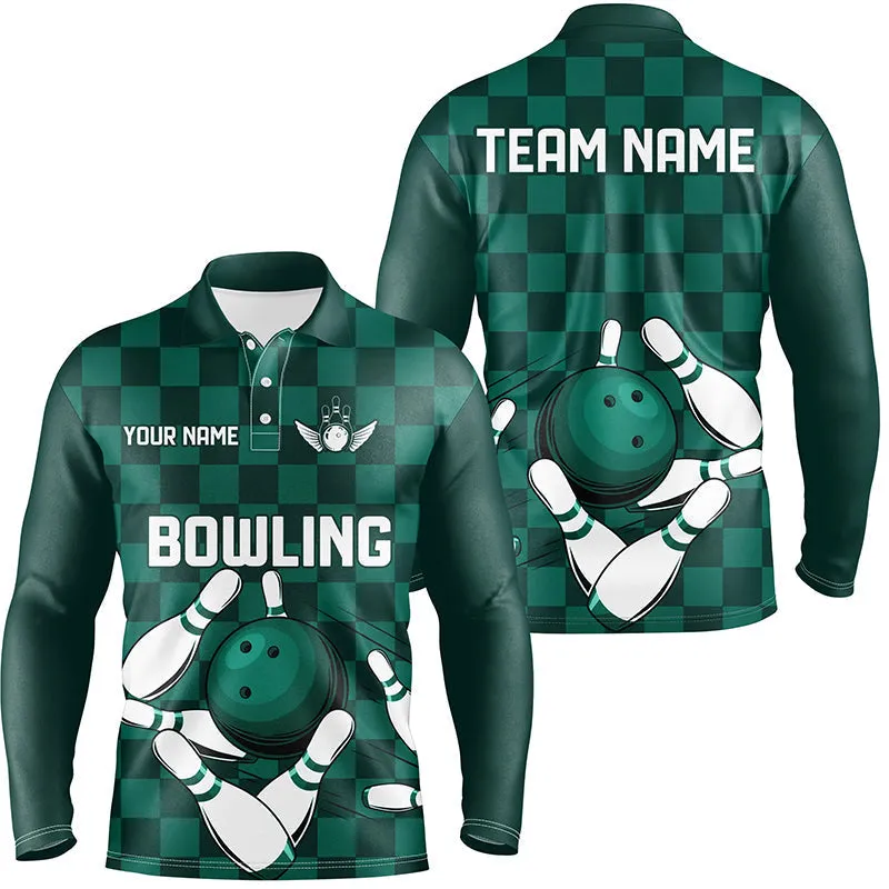 Green Checkered Men Bowling Polo, Quarter Zip Shirt Custom Team Bowling Jerseys, Mens Bowling Outfits