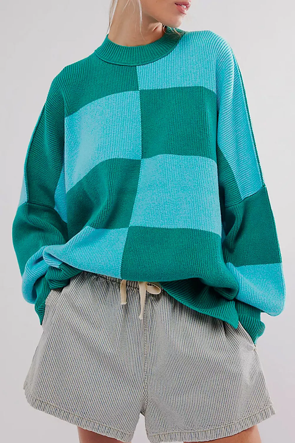 Green Checkered Side Slits Drop Shoulder Oversized Sweater