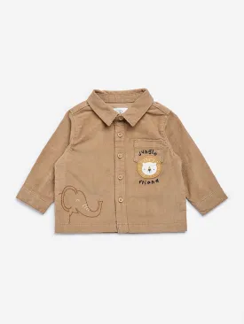 HOP Baby Brown Animal Embroidered Cotton Blend Shirt